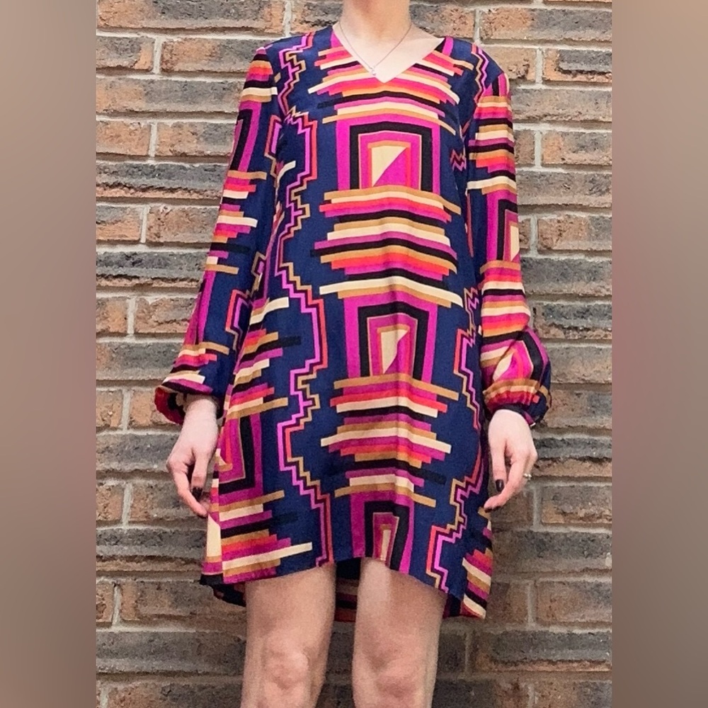 Alice and Trixie - Navy and Fuchsia Silk Long Sleeve Mini Shift Dress - EUC - S